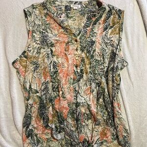 Westport Pink and Green Sleeveless Blouse with Mandarin Collar